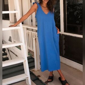 Free People FP Beach Midi Dress Size Medium Once Upon A Sea Blue V-Neck Ruffle
